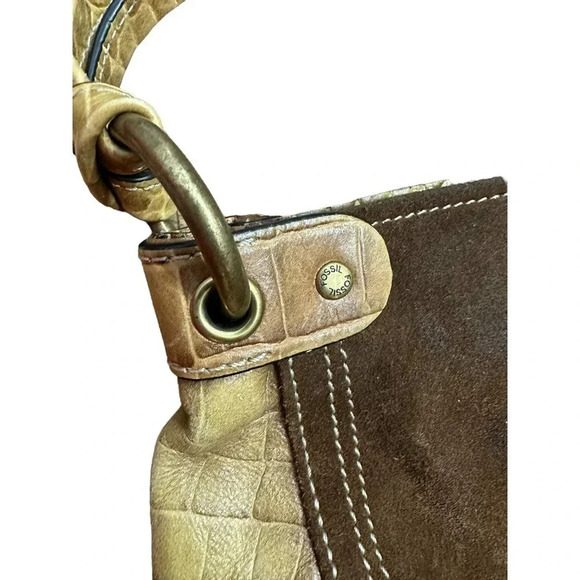 Fossil Women's Brown Leather Suede Croc Embossed Hobo Handbag‎ - Picture 10 of 10
